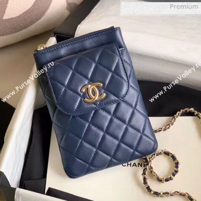 Chanel Quilted Lambskin Phone Holder Clutch with Chain and Coin Purse AP1191 Navy Blue 2020 (KN-20061725)