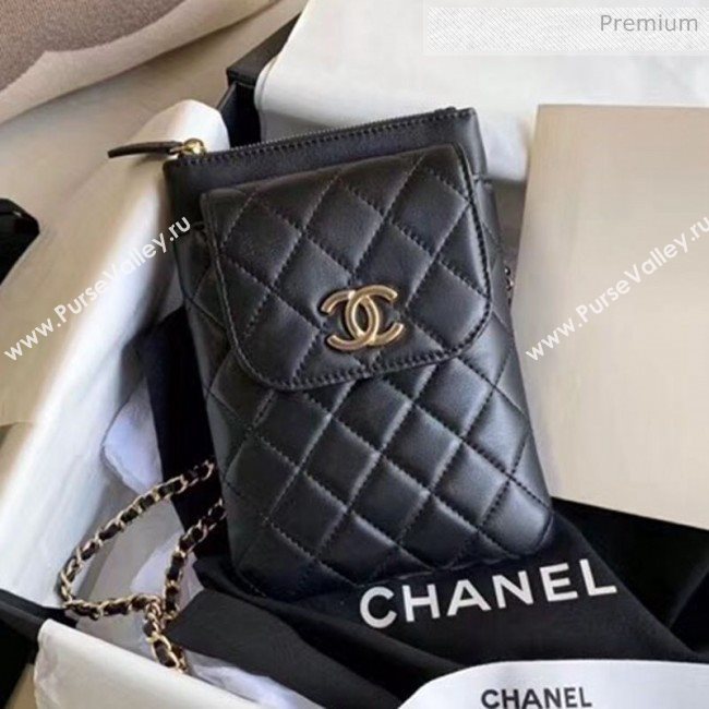 Chanel Quilted Lambskin Phone Holder Clutch with Chain and Coin Purse AP1191 Black 2020 (KN-20061727)