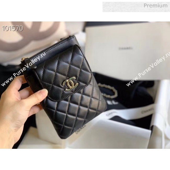 Chanel Quilted Lambskin Phone Holder Clutch with Chain and Coin Purse AP1191 Black 2020 (KN-20061727)