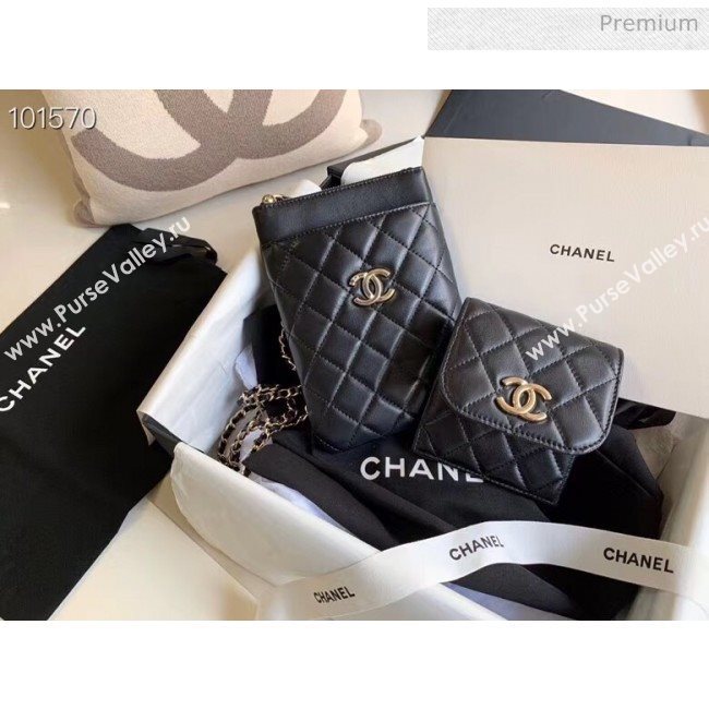 Chanel Quilted Lambskin Phone Holder Clutch with Chain and Coin Purse AP1191 Black 2020 (KN-20061727)