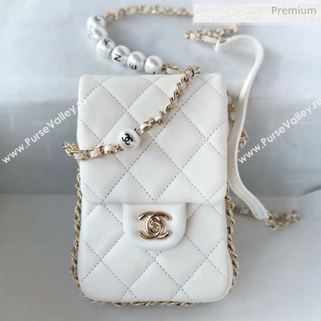 Chanel Quilted Leather Vertical Small Flap Bag with Pearls Chain AS1624 White 2020 (YD-20061808)