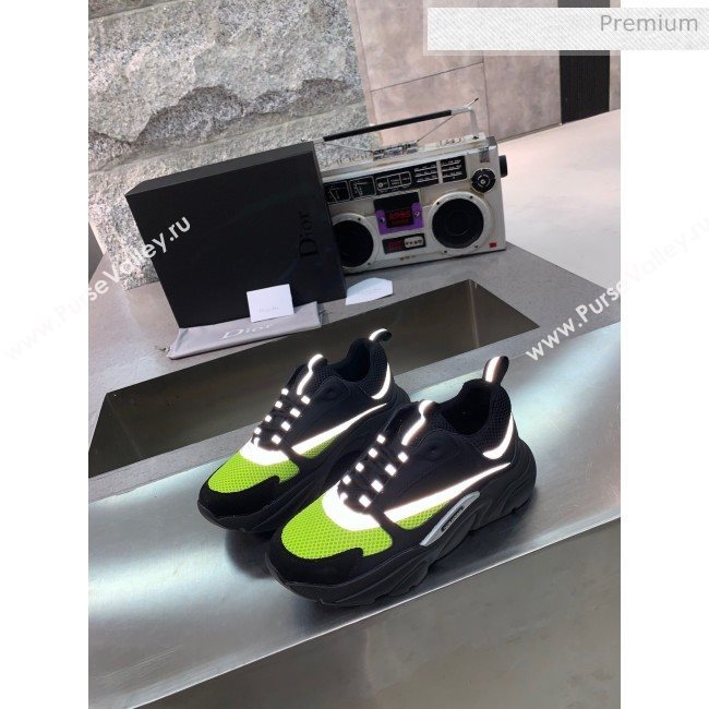 Dior B22 Sneaker in Calfskin And Technical Mesh Black/Fluorescent Green 2020 (MD-20061332)