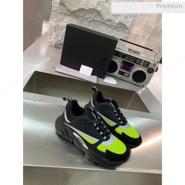 Dior B22 Sneaker in Calfskin And Technical Mesh Black/Fluorescent Green 2020 (MD-20061332)