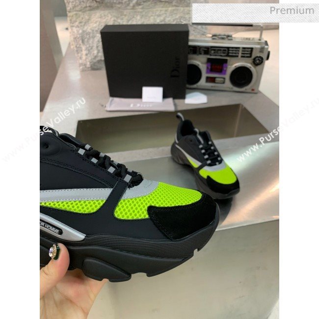 Dior B22 Sneaker in Calfskin And Technical Mesh Black/Fluorescent Green 2020 (MD-20061332)