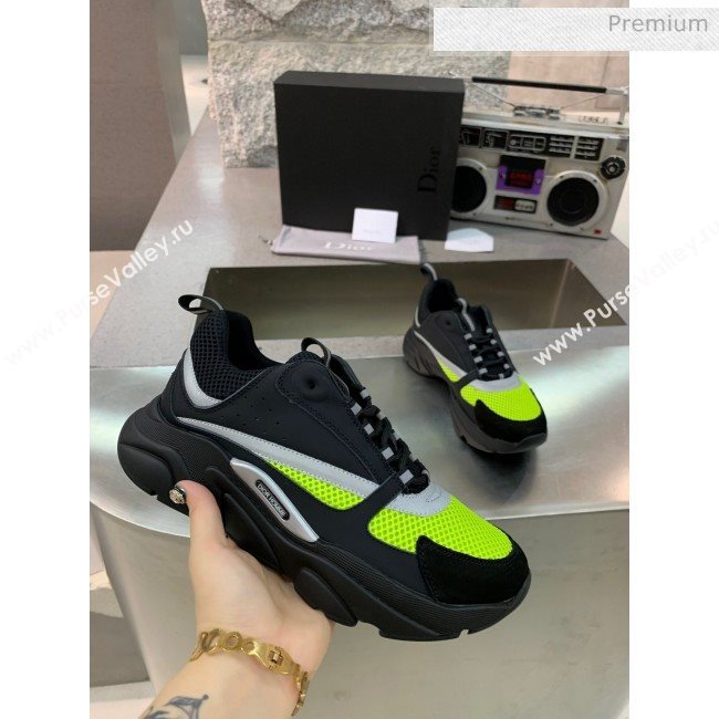 Dior B22 Sneaker in Calfskin And Technical Mesh Black/Fluorescent Green 2020 (MD-20061332)