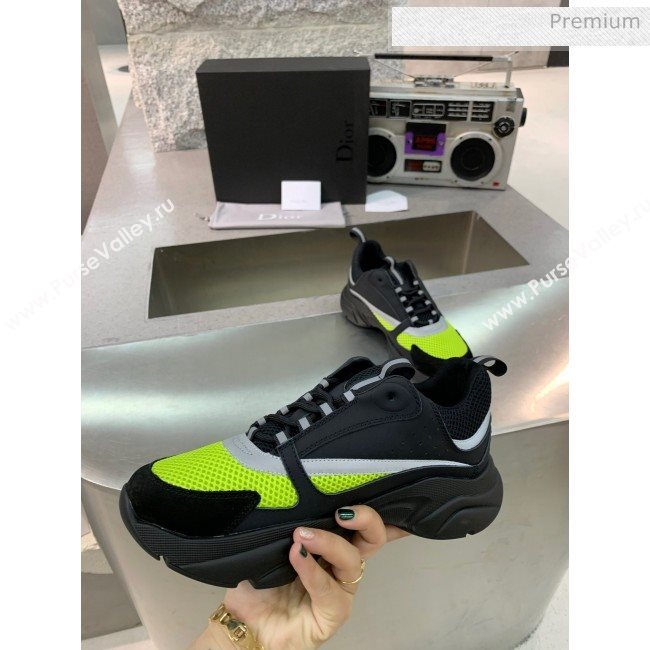 Dior B22 Sneaker in Calfskin And Technical Mesh Black/Fluorescent Green 2020 (MD-20061332)