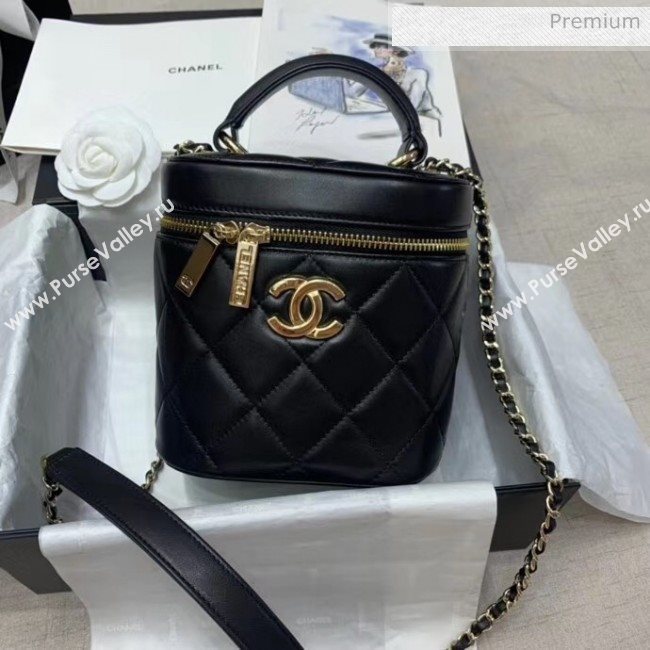 Chanel Quilted Lambskin Chain Round Vanity Case With Top Handle Black 2020 (JY-20061522)