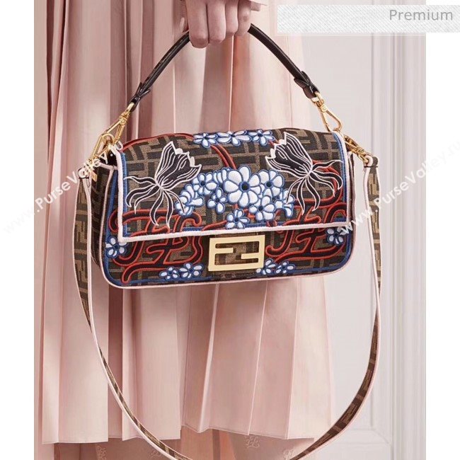 Fendi Baguette Medium Flora Embroidered Shoulder Bag Brown 2020 (AFEI-20062235)