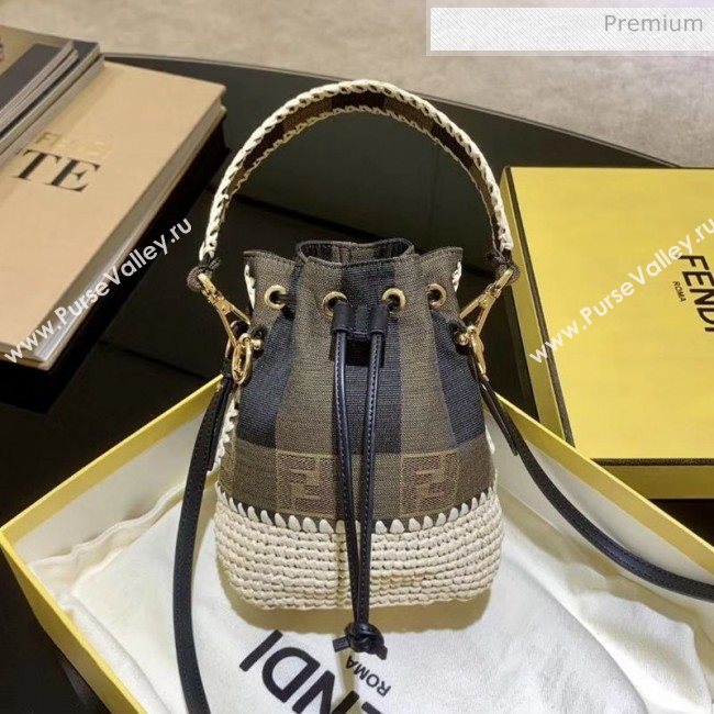 Fendi Mon Tresor Check Fabric and Braiding Mini Bucket Bag Brown 2020 (AFEI-20062237)