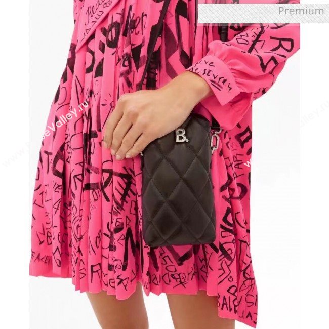 Balenciaga B. Quilted Lambskin Phone Holder Pouch Crossbody Black 2020 (JM-20062312)