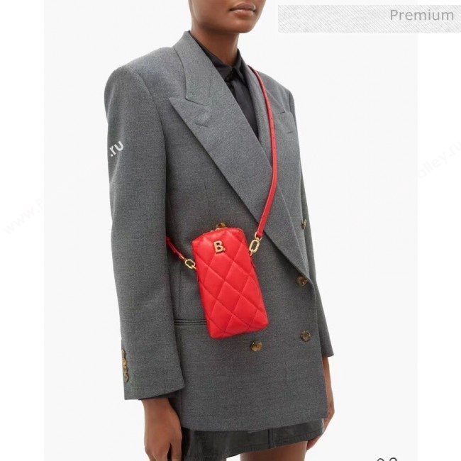 Balenciaga B. Quilted Lambskin Phone Holder Pouch Crossbody Black 2020 (JM-20062312)