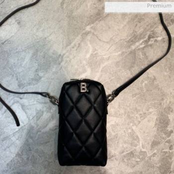 Balenciaga B. Quilted Lambskin Phone Holder Pouch Crossbody Black 2020 (JM-20062312)