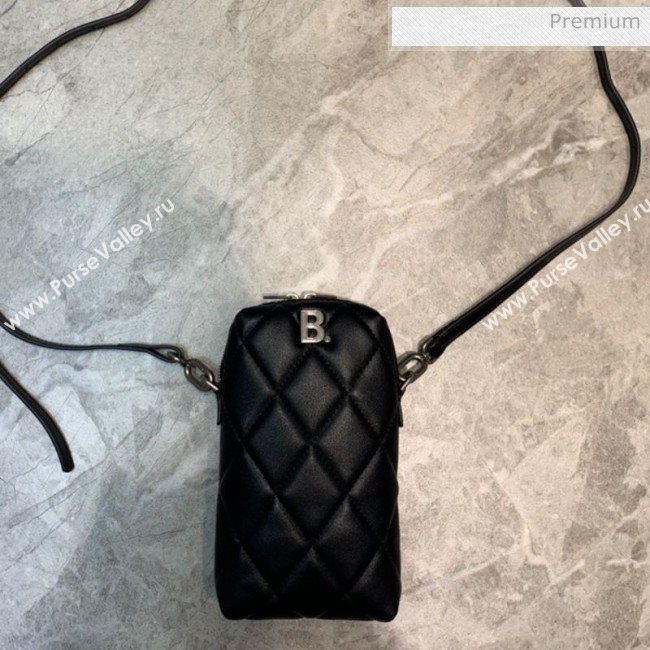 Balenciaga B. Quilted Lambskin Phone Holder Pouch Crossbody Black 2020 (JM-20062312)