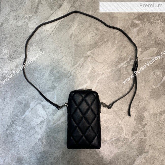 Balenciaga B. Quilted Lambskin Phone Holder Pouch Crossbody Black 2020 (JM-20062312)