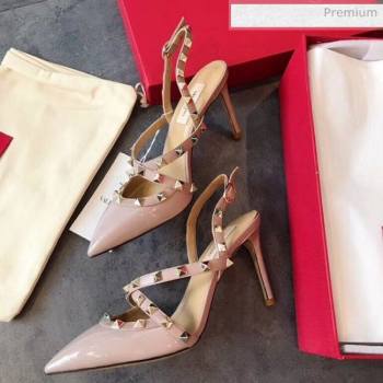 Valentino Rockstud Patent Leather Cross Strap Slingback Pumps 90MM Powder Pink 2020 (EM-20062401)