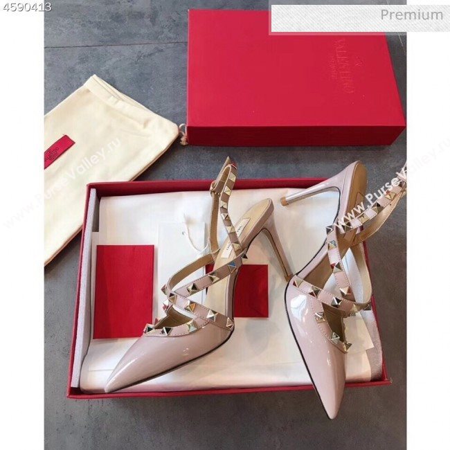 Valentino Rockstud Patent Leather Cross Strap Slingback Pumps 90MM Powder Pink 2020 (EM-20062401)