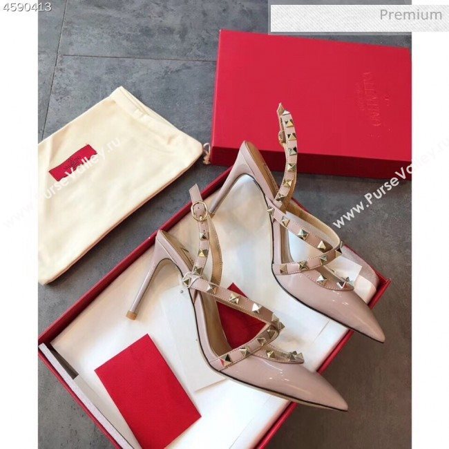 Valentino Rockstud Patent Leather Cross Strap Slingback Pumps 90MM Powder Pink 2020 (EM-20062401)