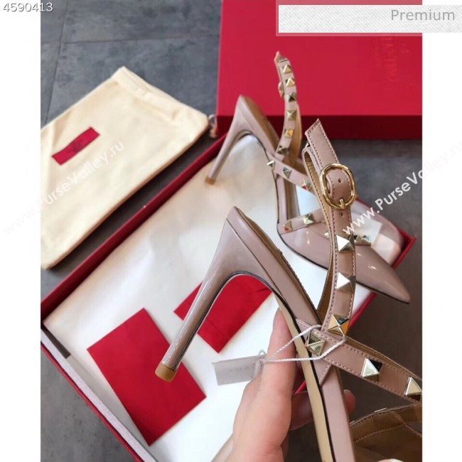 Valentino Rockstud Patent Leather Cross Strap Slingback Pumps 90MM Powder Pink 2020 (EM-20062401)