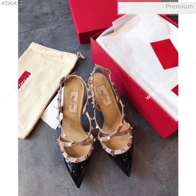 Valentino Rockstud Patent Leather Cross Strap Slingback Pumps 90MM Black 2020 (EM-20062402)