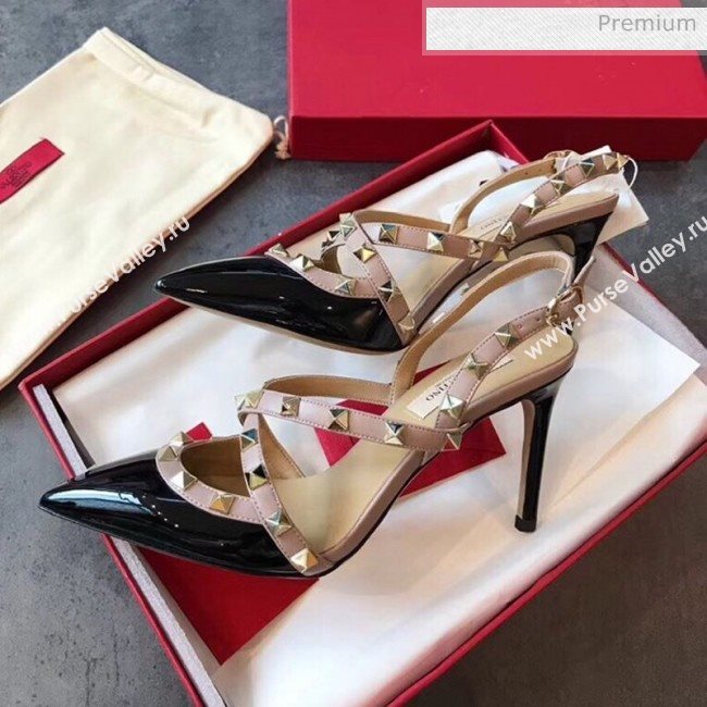 Valentino Rockstud Patent Leather Cross Strap Slingback Pumps 90MM Black 2020 (EM-20062402)