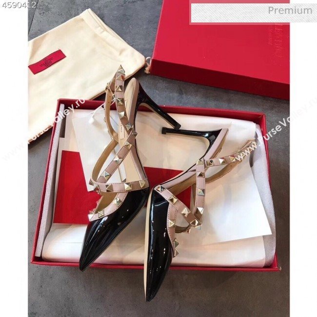 Valentino Rockstud Patent Leather Cross Strap Slingback Pumps 90MM Black 2020 (EM-20062402)