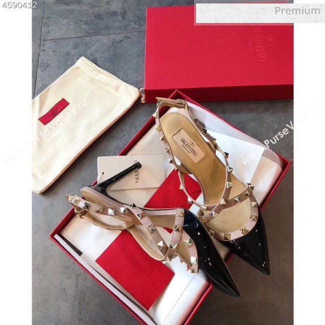 Valentino Rockstud Patent Leather Cross Strap Slingback Pumps 90MM Black 2020 (EM-20062402)