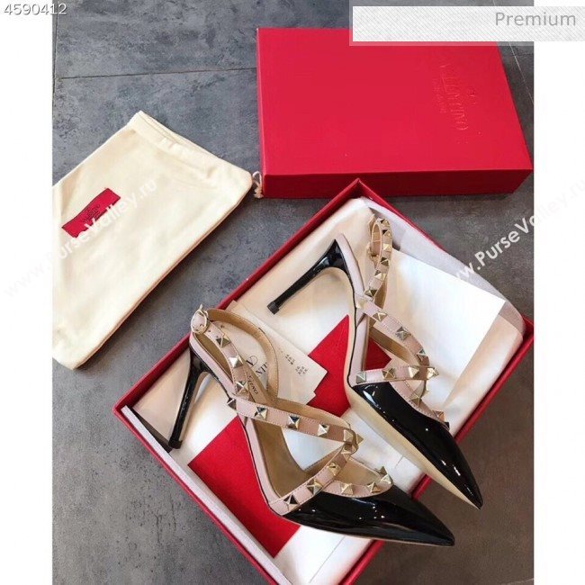 Valentino Rockstud Patent Leather Cross Strap Slingback Pumps 90MM Black 2020 (EM-20062402)