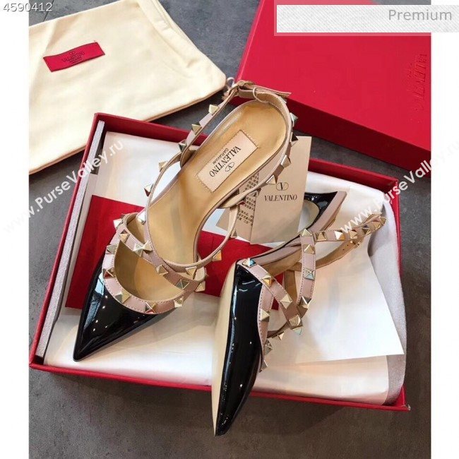 Valentino Rockstud Patent Leather Cross Strap Slingback Pumps 90MM Black 2020 (EM-20062402)