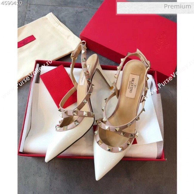 Valentino Rockstud Patent Leather Cross Strap Slingback Pumps 90MM White 2020 (EM-20062404)