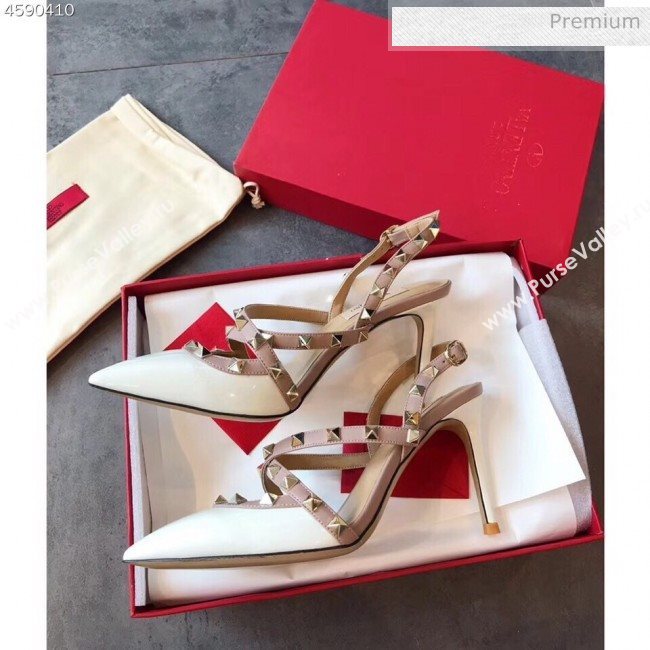 Valentino Rockstud Patent Leather Cross Strap Slingback Pumps 90MM White 2020 (EM-20062404)