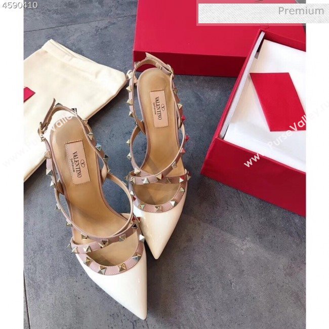 Valentino Rockstud Patent Leather Cross Strap Slingback Pumps 90MM White 2020 (EM-20062404)