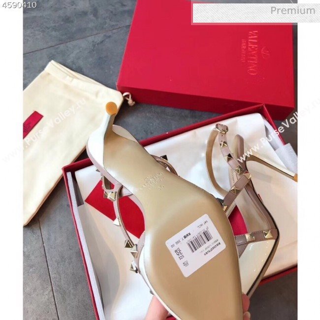 Valentino Rockstud Patent Leather Cross Strap Slingback Pumps 90MM White 2020 (EM-20062404)