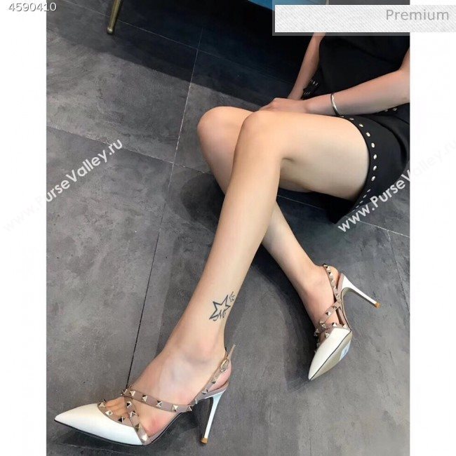 Valentino Rockstud Patent Leather Cross Strap Slingback Pumps 90MM White 2020 (EM-20062404)