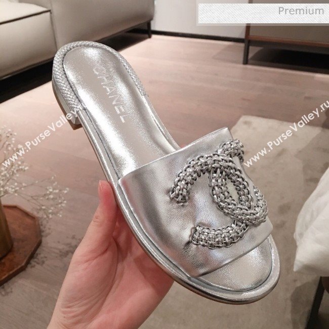 Chanel Chain CC Metallic Leather Flat Mules Slide Sandals G35532 Silver 2020 (KL-20062818)