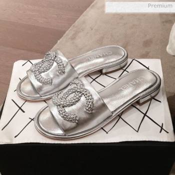 Chanel Chain CC Metallic Leather Flat Mules Slide Sandals G35532 Silver 2020 (KL-20062818)