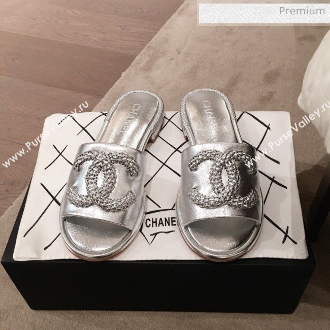 Chanel Chain CC Metallic Leather Flat Mules Slide Sandals G35532 Silver 2020 (KL-20062818)