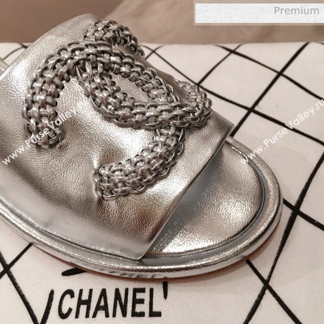 Chanel Chain CC Metallic Leather Flat Mules Slide Sandals G35532 Silver 2020 (KL-20062818)