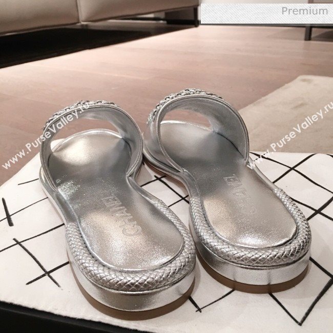Chanel Chain CC Metallic Leather Flat Mules Slide Sandals G35532 Silver 2020 (KL-20062818)
