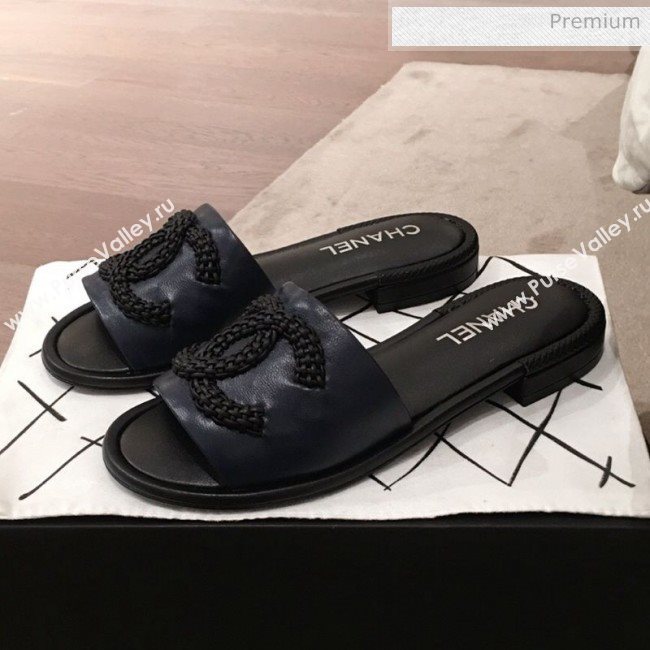 Chanel Chain CC Lambskin Flat Mules Slide Sandals G35532 Navy Blue 2020 (KL-20062821)