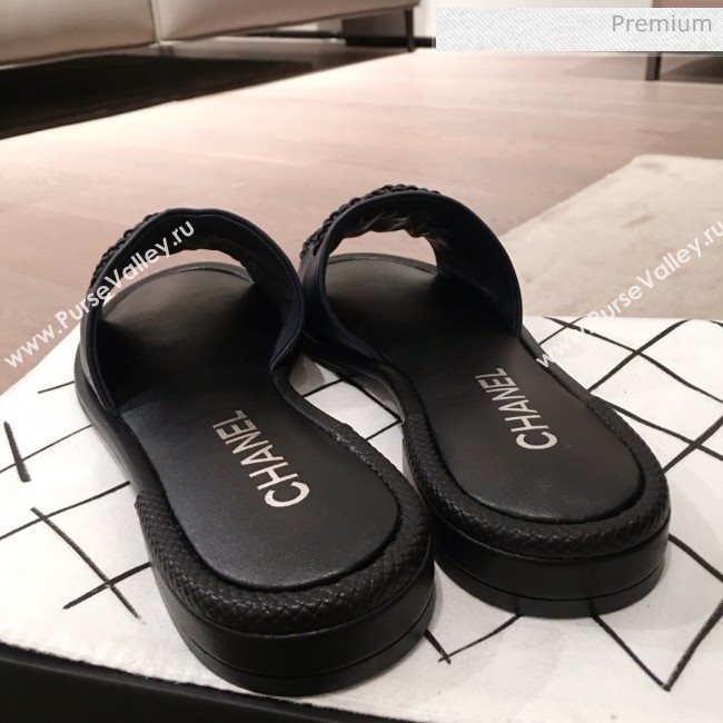 Chanel Chain CC Lambskin Flat Mules Slide Sandals G35532 Navy Blue 2020 (KL-20062821)