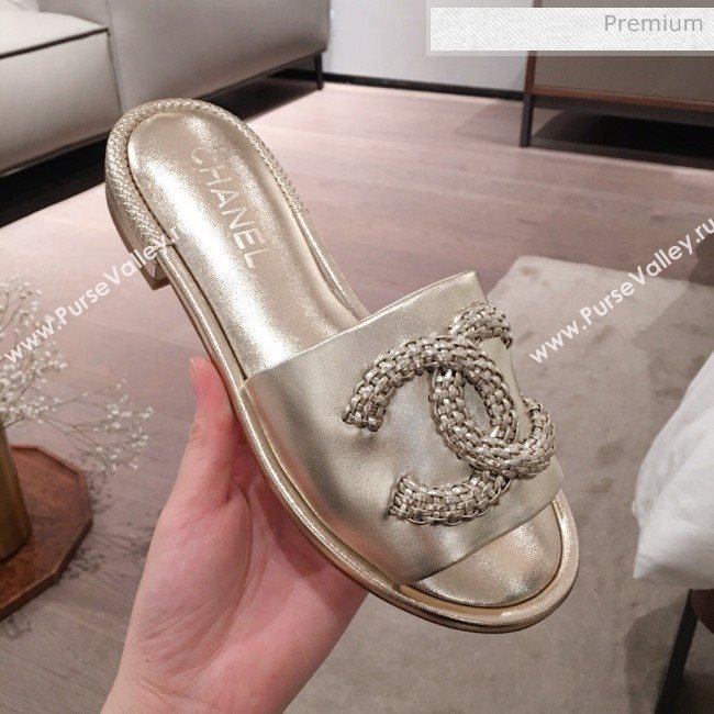Chanel Chain CC Metallic Leather Flat Mules Slide Sandals G35532 Gold 2020 (KL-20062819)