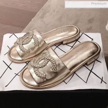 Chanel Chain CC Metallic Leather Flat Mules Slide Sandals G35532 Gold 2020 (KL-20062819)