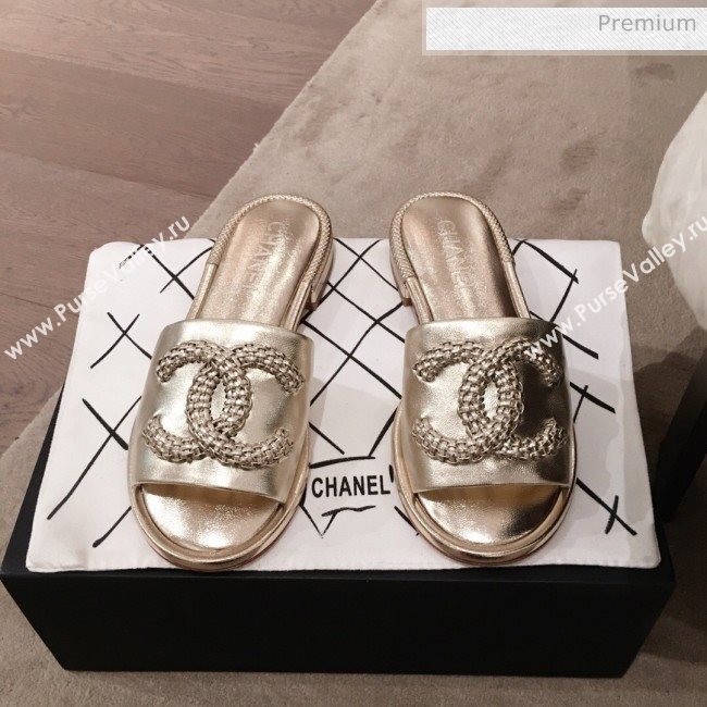 Chanel Chain CC Metallic Leather Flat Mules Slide Sandals G35532 Gold 2020 (KL-20062819)