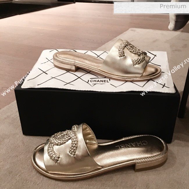 Chanel Chain CC Metallic Leather Flat Mules Slide Sandals G35532 Gold 2020 (KL-20062819)