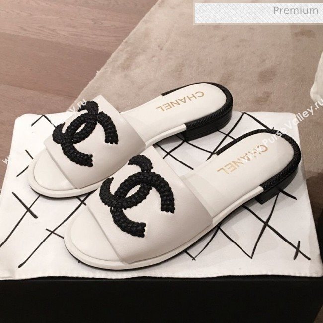 Chanel Chain CC Lambskin Flat Mules Slide Sandals G35532 White 2020 (KL-20062822)