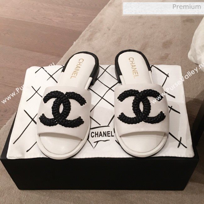 Chanel Chain CC Lambskin Flat Mules Slide Sandals G35532 White 2020 (KL-20062822)