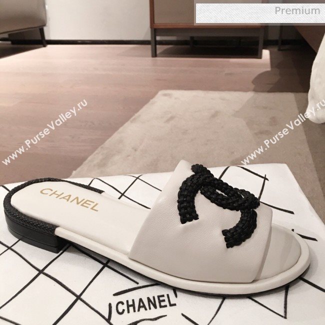 Chanel Chain CC Lambskin Flat Mules Slide Sandals G35532 White 2020 (KL-20062822)