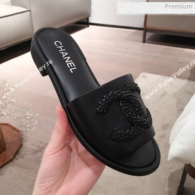 Chanel Chain CC Lambskin Flat Mules Slide Sandals G35532 Black 2020 (KL-20062820)