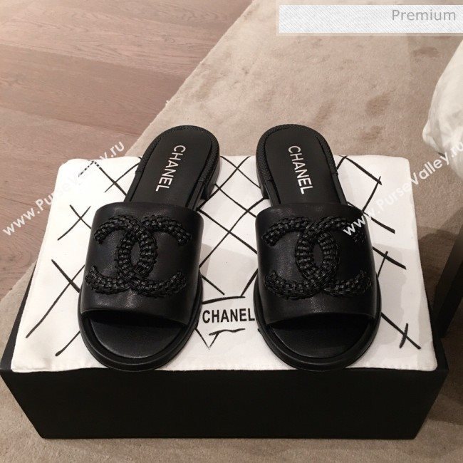 Chanel Chain CC Lambskin Flat Mules Slide Sandals G35532 Black 2020 (KL-20062820)