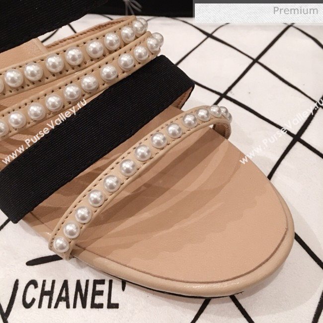 Chanel Lambskin Pearl Straps Mule Sandals G35381 70MM Beige 2020 (KL-20062824)